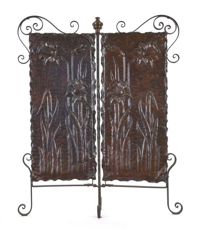 A French fire screen, wrought iron and copper, circa 1900