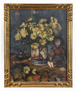 Simon Hervé (1888-?, French) Daisies and Japanese Doll, oil on canvas signed lower left "Simon Hervé"