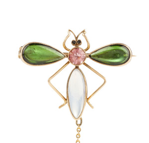 An insect brooch, cabochon moonstone, peridot, pink sapphire and diamond, late 19th century