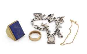 A 9ct gold wedding ring, 9ct gold bracelet, sterling silver charm bracelet and large lapis lazuli ring.
