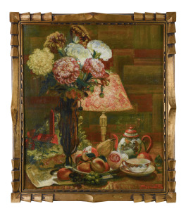 EUROPEAN SCHOOL (circa 1920s) still life with chrysanthemums, oil on canvas signed lower right "Smets" fine Art Deco gilt frame