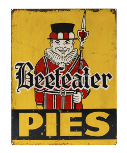 "BEEFEATER PIES" double sided enamel and tin sign together with a "COUNTRY STYLE BREAD" tin sign, 20th century