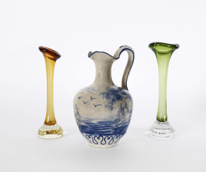 A pair of Murano glass stem vases and a French porcelain advertising ware jug, 20th century