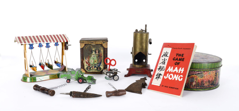 Donkey engine, pond yacht, wind-up toys, tins, Mah-Jong set, cork screws and clip, 19th and 20th century