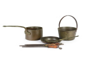 KITCHENALIA: Assorted copper and brass cooking pots and pans and sharpening steels, 19th and 20th century