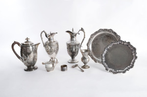 Two silver plated wine jugs, hot water pot, two salvers, cream jug, napkin ring, vase and spoon, 19th and 20th century