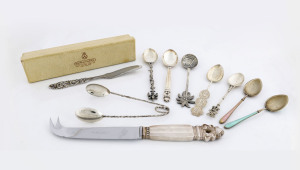 GEORG JENSEN Danish silver cheese knife and spoon, DAVID ANDERSEN Norwegian silver pâté knife, silver tea spoons and tongs