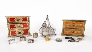 A silver plated tennis themed cruet set, group of 7 pill boxes (silver and metal), 2 miniature cap guns and 2 Florentine jewellery chests