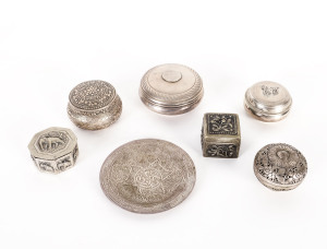 Six assorted jewel boxes and a dish, mostly silver, Ottoman, Jordanian, Arabian and Thai, 19th and 20th century
