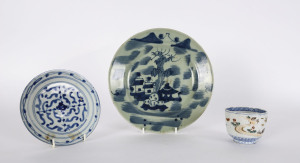 A Swatow blue and white dish, a marked Chinese plate (possibly Bleue de Hue) and an unmarked Chinese cup (late Qing Dynasty)