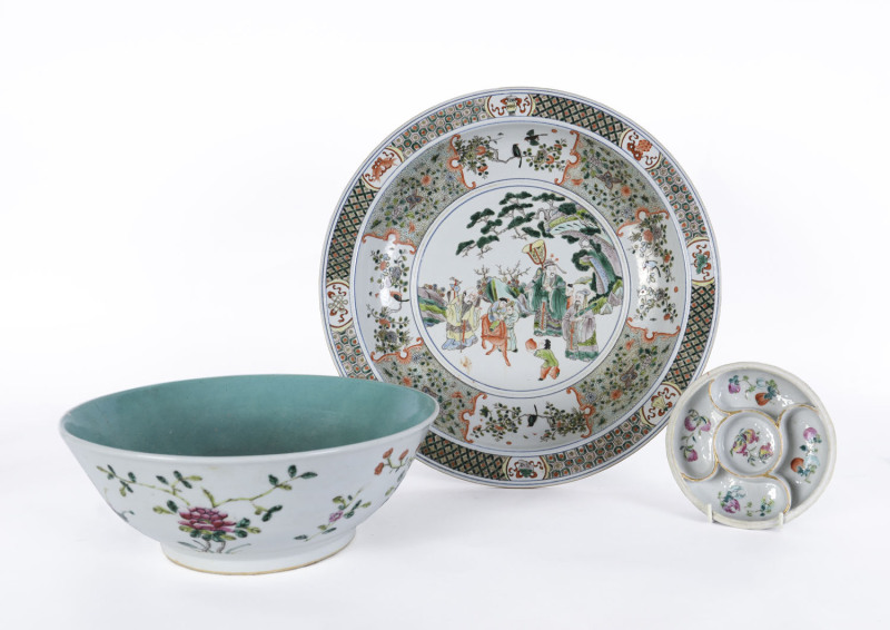 Chinese porcelain bowl, a famille vert platter, and a segmented dish, 19th and 20th century