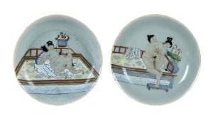 A pair of Chinese porcelain plates with erotic scenes on celedon ground, early to mid 19th century