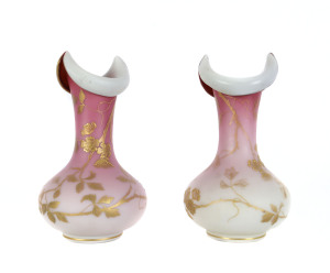 A pair of English satin glass mantle vases with floral gilt overlay, 19th century