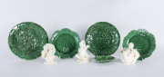 Five assorted green majolica leaf plates and three German porcelain figured vases, 19th and 20th century