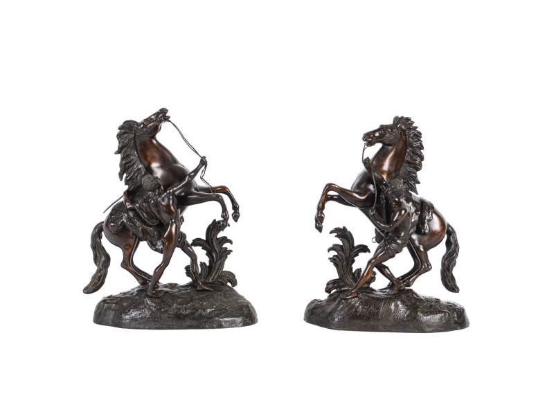 A pair of French bronze Marly Horse statues, after GUILLAUME COUSTOU (1677-1746), late 19th century 