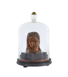 A painted plaster bust in glass dome, 19th/20th century