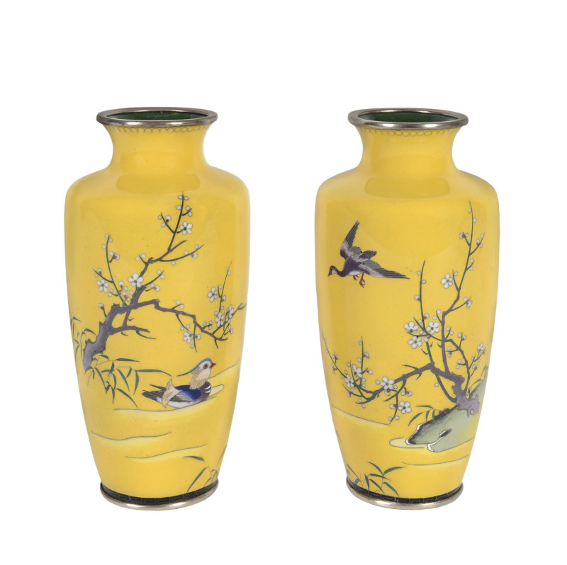 A pair of Japanese cloisonne vases on yellow grounds, Meiji period
