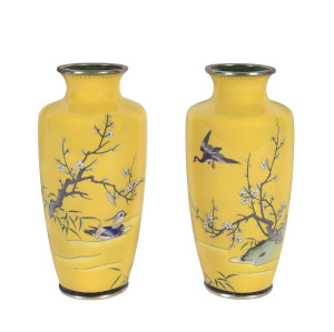 A pair of Japanese cloisonne vases on yellow grounds, Meiji period