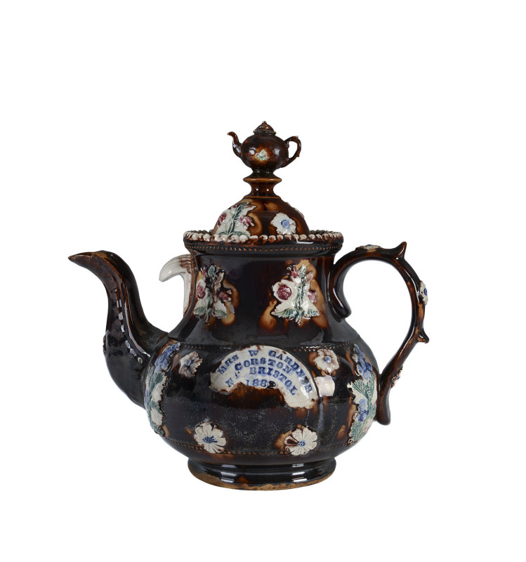 An English Barge Ware teapot dedicated to "Mrs W. GARDNER. CORSTON, Nth. BRISTOL, 1882"