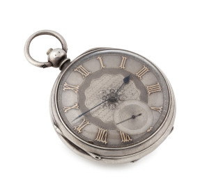 A sterling silver cased fusee pocket watch by E. FRYDE of Sunderland, 19th century, engraved silver dial with applied gold Roman numerals and subsidiary seconds dial (key wind)
