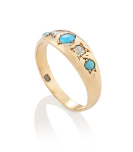 A Victorian 15ct gold ring set with diamonds and turquoise, circa 1870