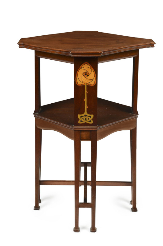 LIBERTY & CO. English arts and crafts occasional table inlaid with tudor rose motif, walnut, satinwood, ebony and beech circa 1900, ivorine makers plaque "Liberty & Co Ltd London W."