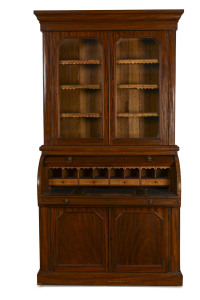 An English cylinder roll top bureau bookcase, mahogany with fitted maple interior, 19th century