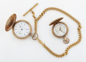 Two gold plated pocket watches and fob chain, by ELGIN and CONRADI Co. Los Angeles