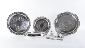 Sterling silver inkpot and pen together with 3 silver plated trays, bread fork, candle holder and entree dish, 19th and 20th century