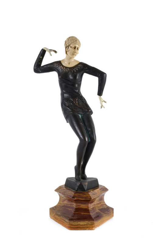 A French Art Deco statue of a dancing woman, bronze and ivorine on marble base, circa 1930 marked "F. Preiss"