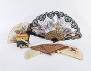 Five decorative fans and boxed set of opera glasses, 19th and 20th centurylargest fan 35cm high