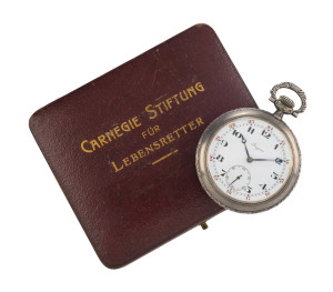 LONGINES "ANDREAS CARNEGIE" Sterling silver open faced commemorative pocket watch, circa 1911. Original embossed leather box.