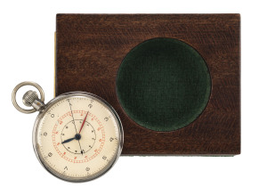 British Navy deck watch in nickel plated case, marked on the back "H. S. ↑3 (508)" housed in a custom timber box