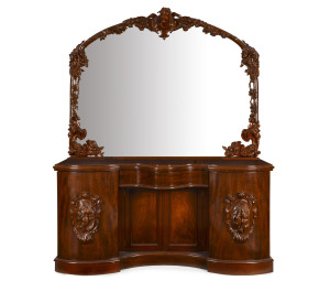 An impressive bacchanalian sideboard with serpentine front, carved mahogany, English, circa 1865