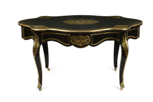 A French centre table, ebonised finish with inlaid brass and ormolu mounts, 19th century 