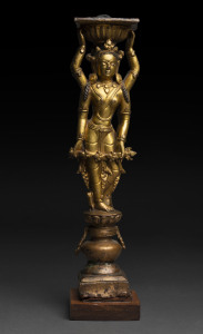 Tibetan Densatil gilt-bronze image of an Offering Goddess (Chopay Lhamo), 14th/15th century