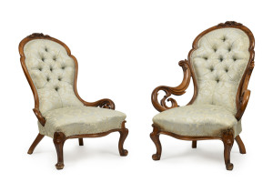 A fine pair of ladies and gents chairs with carved walnut frames, English, circa 1870