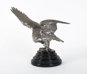 A Japanese eagle statue, bronze with silvered finish on later wooden base