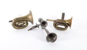 Three vintage car horns including "Condor Horn" and "Ship N Shore Horns"