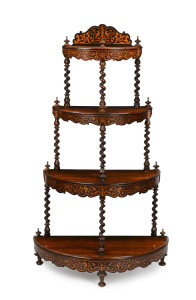 A demi-lune four tier wotnot, rosewood with marquetry inlay, circa 1860