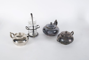 A Challenge silver plated three piece tea service and pickle jar, 19th and 20th century