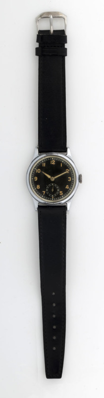 German WWII military manual wristwatch, black dial with subsidiary seconds, stainless steel case