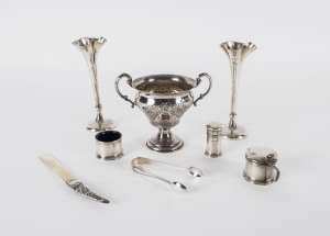 A pair of sterling silver stem vases, silver sugar bowl and tongs, condiment set and letter knife, 19th and 20th century