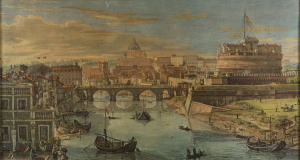 CASPAR VAN WITTEL Rome, Veduta del Tevere, oleograph on canvas (20th century)