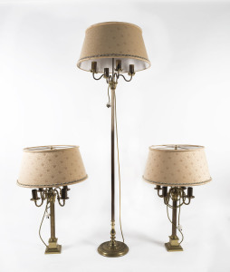 A pair of Corinthian column table lamps and shades along with matching standard lamp, 20th century