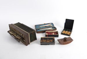 Antique accordion, timber and whalebone draughtsmen, whalebone glove stretchers and Tasmanian blackwood blotter, 19th and 20th century