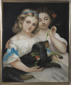 French School (19th century) Girls with puppy, pastel on paper