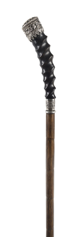 A walking stick, horn and silver handle, 19th century