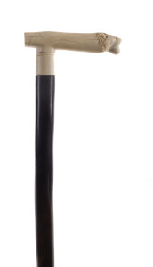 A walking stick, carved ivory lion handle with ebony shaft, African, early 20th century