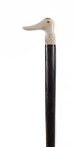 A walking stick, carved ivory duck's head handle with palmwood shaft, early 20th century
